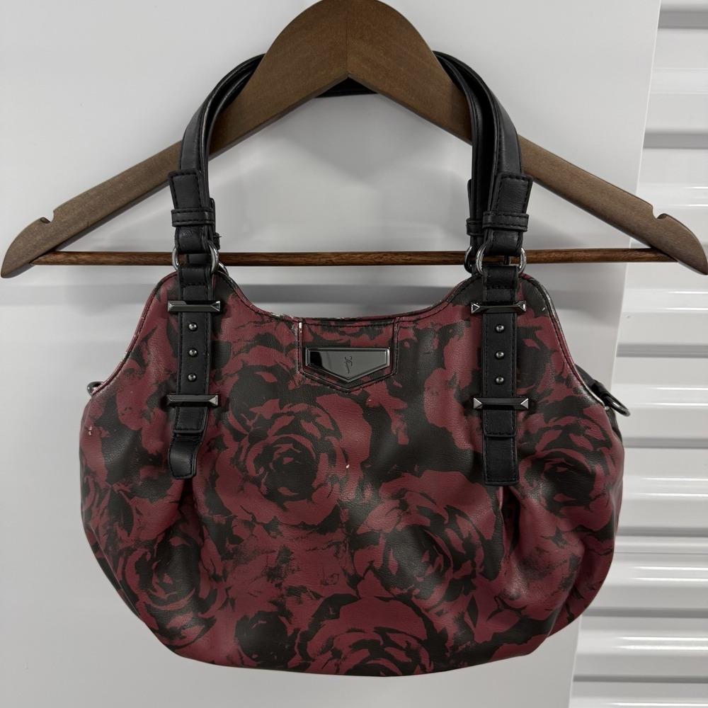 Simply Vera Vera Wang Handbag Red Black Rose Floral Faux Leather Satchel